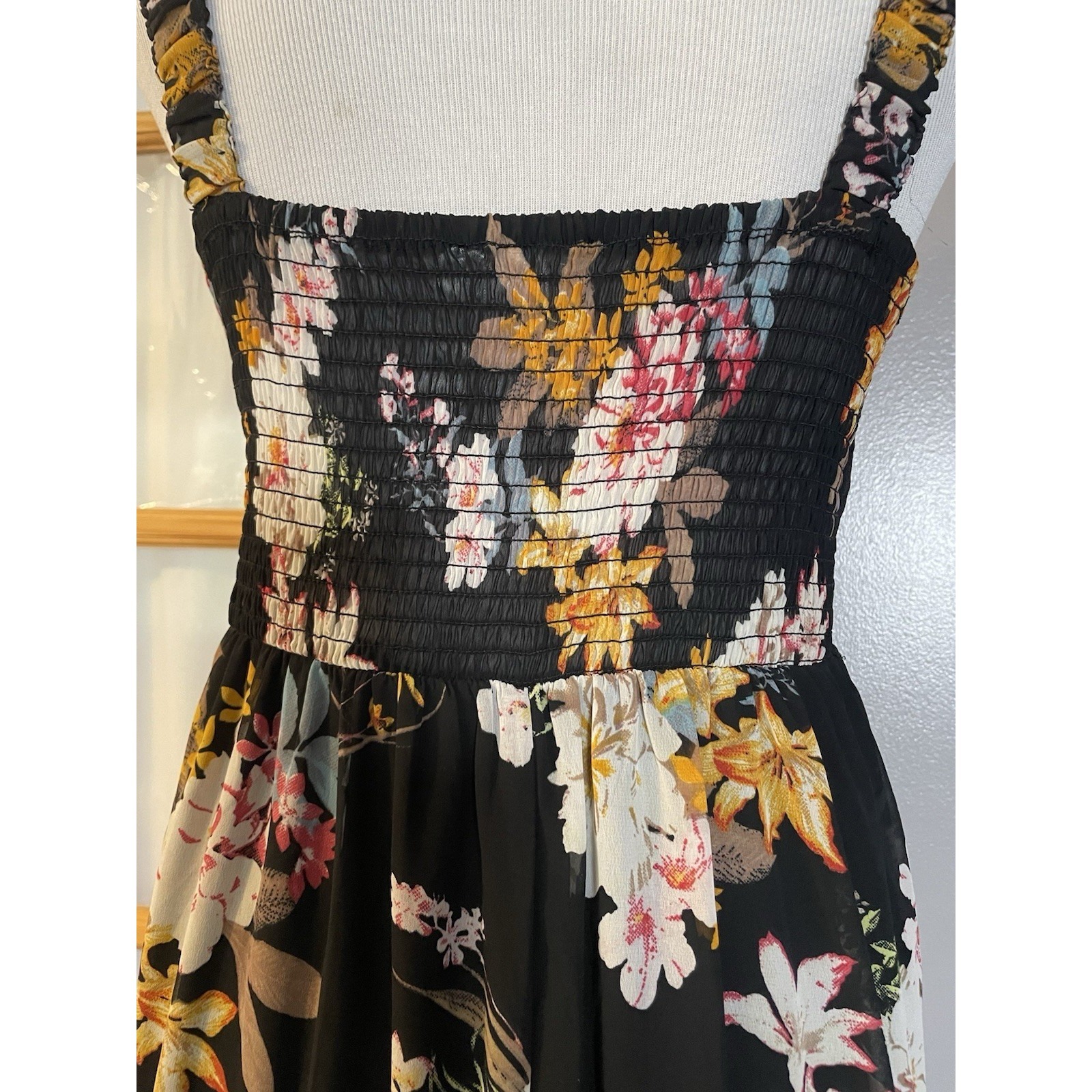 Tuchuzy Floral Midi Dress Sz S Black Yellow Smocked Ruffles Boho Party — image 7 of 8
